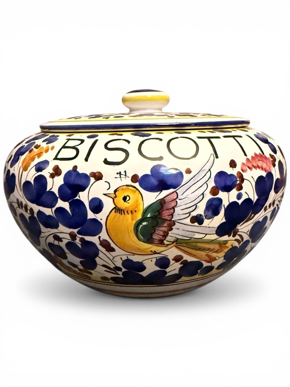 Deruta Hand-Painted Biscotti Ceramic Jar with Bird Motif and Blue  Floral
